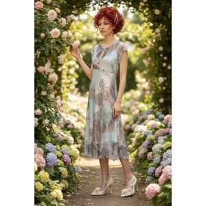 Komarov Womens Satin Lace Midi Dress Cream Teal Blue Keyhole Short Sleeve Medium